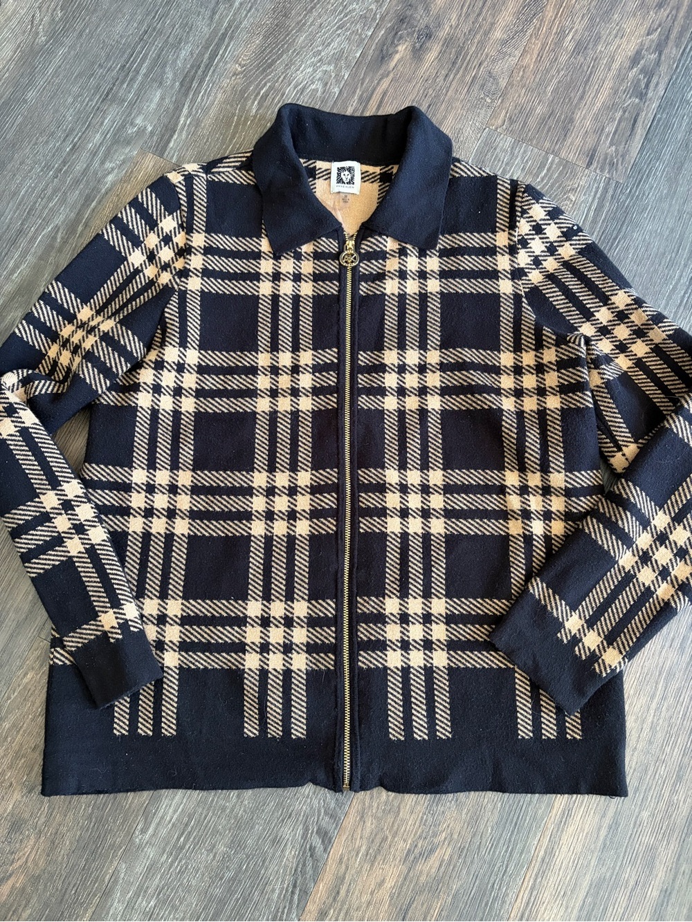 Anne Klein Black and Cream Plaid Zip-Front Sweater Jacket
